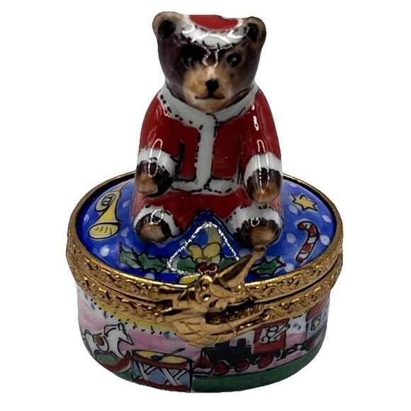 Limoges Christmas Santa Claus Bear Trinket Box Music Presents Pein Main France